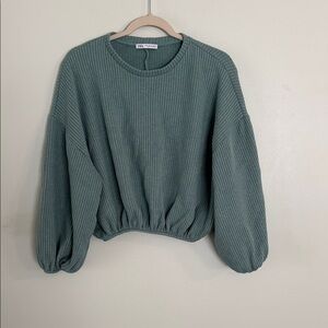Zara sage green ribbed cropped crewneck sweater